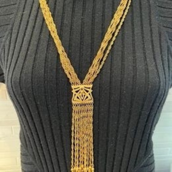 Vtg D'ORLAN Etruscan revival fringe tassel gold tone necklace 70's 26" - Picture 4 of 10